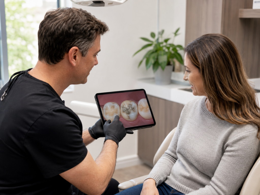 Dentist reviewing filling, inlay, onlay, and crown restoration options with a patient.
