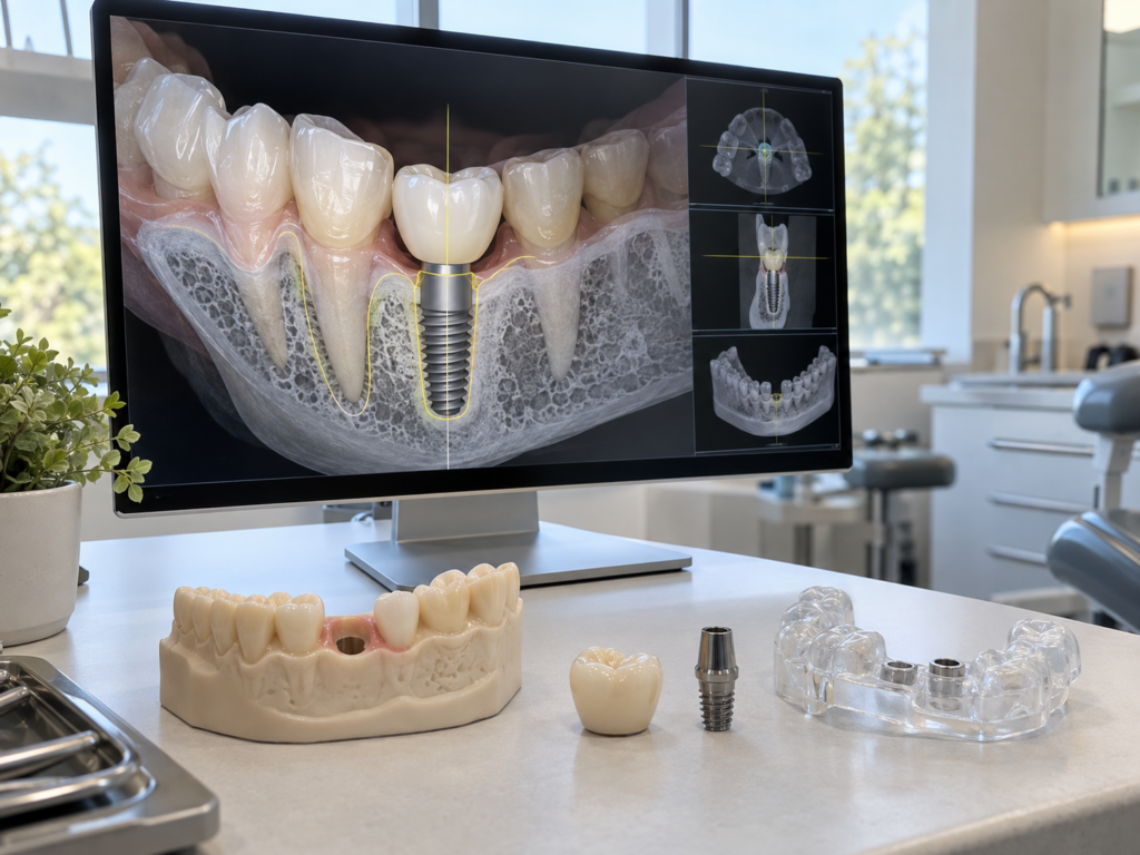 Digital implant plan shows a crown aligned above a dental implant beside a jaw model, ceramic crown, and surgical guide.