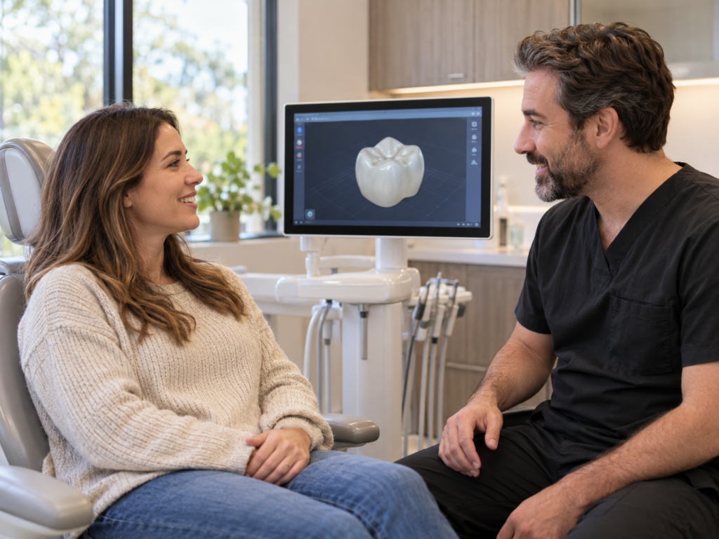 Dentist and adult patient have a relaxed conversation beside a chairside monitor displaying a digital dental crown design.